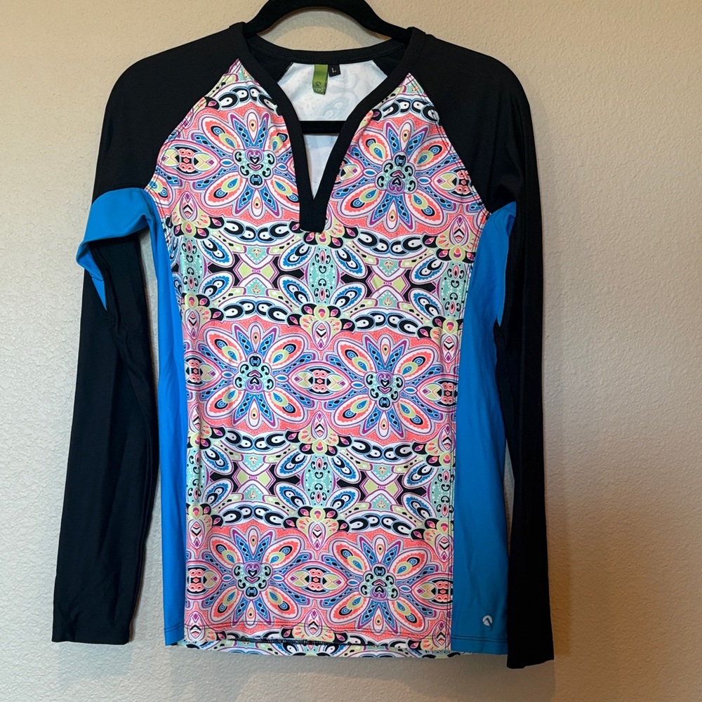 Women's Multicolor Floral Rash Guard Swim Top - Blue & Black Panels